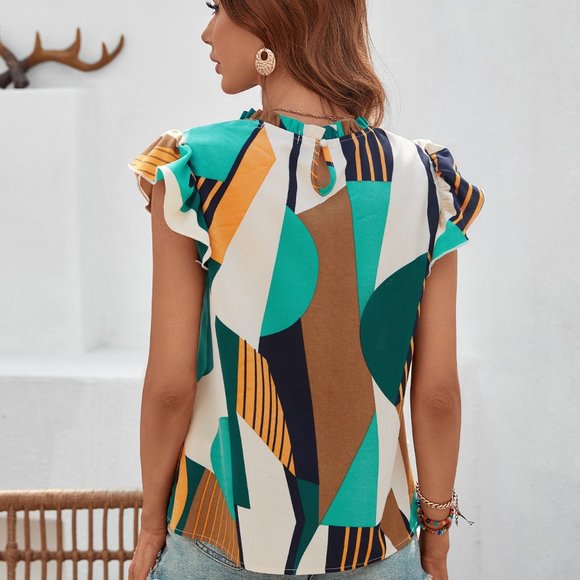 New Mock Neck Lettuce Trim Ruffle Blouse Colorblock - Picture 3 of 7